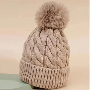 2 LEFT! Cable Knit Beanie With Faux Fur Pom Hat